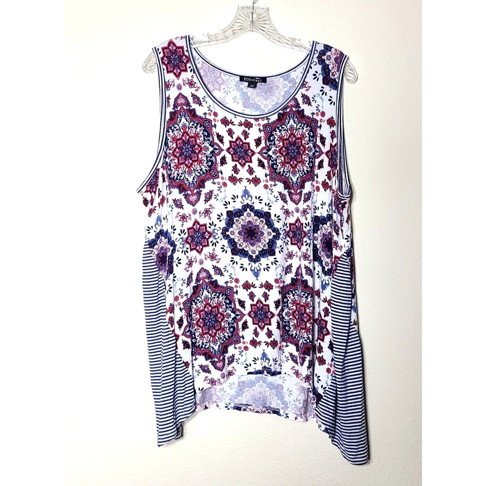 Roz & Ali Top Size 2X Sleeveless Mandala Print Stripe Boho Stretch Multicolor